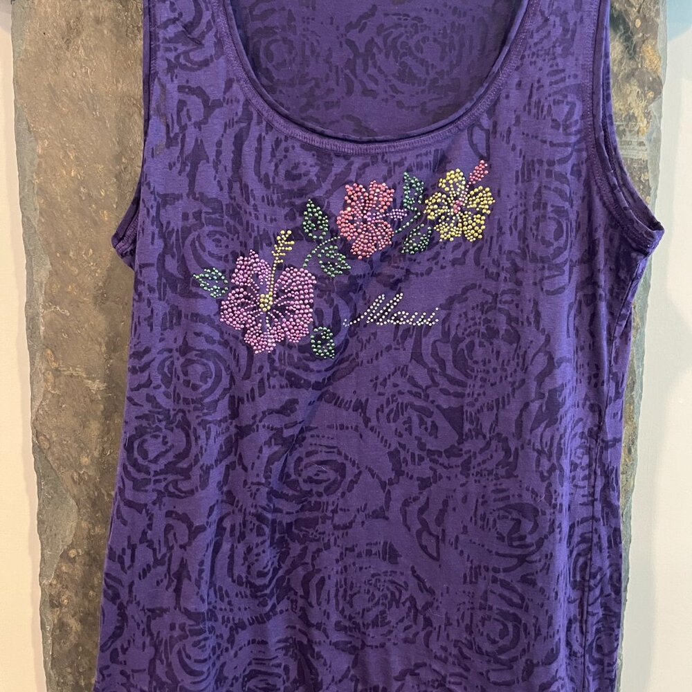 Sheer Purple Maui Beaded Floral Design Top, Large 12/14